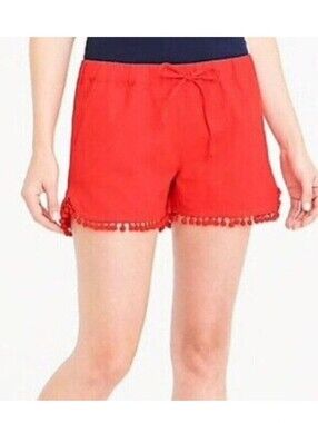 J. Crew Red Pom-Pom Tie-Waist High Waist Shorts Linen Blend Y2K Cottagecore Coas